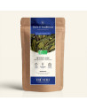 Wiederverschließbarer Kraftpapierbeutel mit Grüntee Grüne Minze, Etikett in Marineblau und Gold von Thés & Traditions, Fenster m