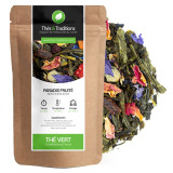 Groene thee Paradis Fruité Thés et Traditions mengsel van groene theebladeren bloemblaadjes en gedroogd fruit