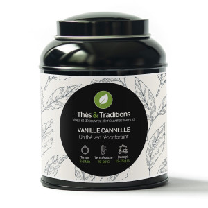 Scatola di tè verde vaniglia cannella Thés et Traditions con istruzioni per l'infusione e decorazione di foglie