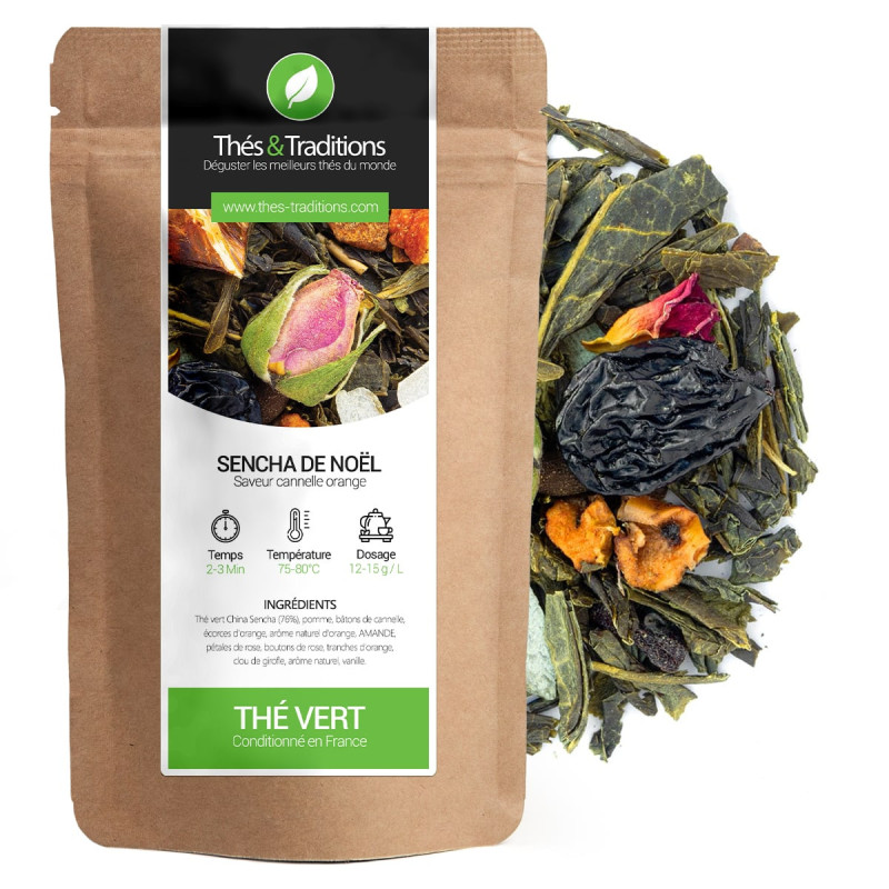 Christmas Sencha green tea Thés et Traditions kraft bag and tea leaves with spices and dried fruits