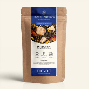 Wiederverschließbarer Kraftpapier-Teebeutel für den Grüntee Pure Passion, Etikett in Marineblau und Gold von Thés & Traditions, 