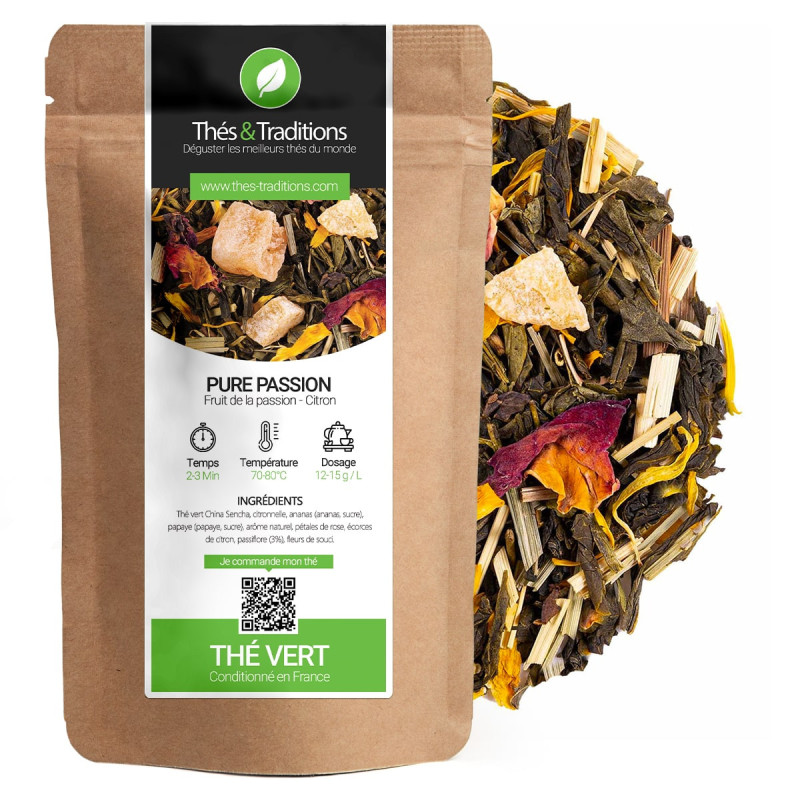 Pure Passion green tea passion fruit lemon blend leaves and colorful petals