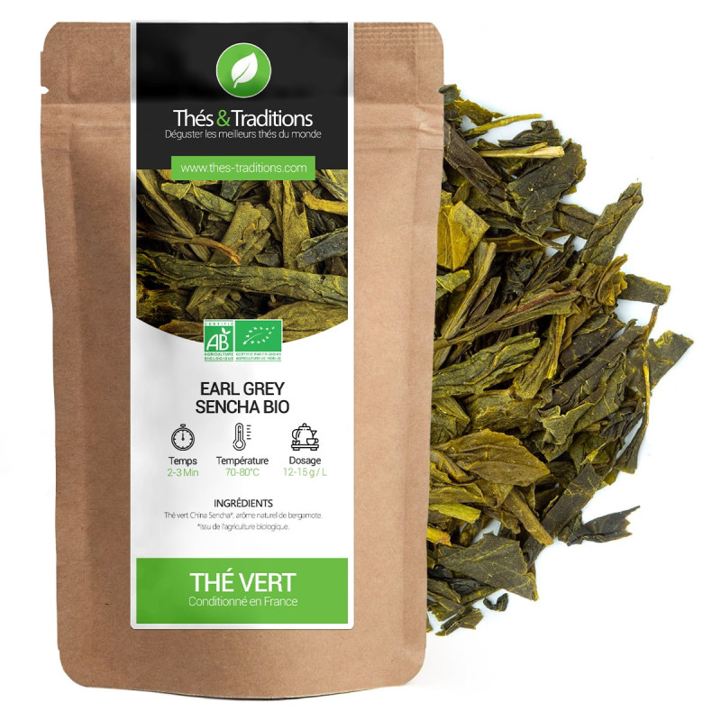 Tè verde Earl Grey Sencha biologico in sacchetto kraft con foglie di tè verde sfuse