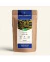 Wiederverschließbarer Kraftpapierbeutel mit Grüntee Earl Grey Sencha, dunkelblau-goldenes Etikett von Thés & Traditions, Sichtfe