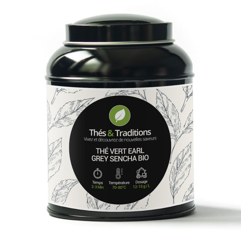 Doos groene thee Earl Grey Sencha bio Thés et Traditions met infusie-instructies