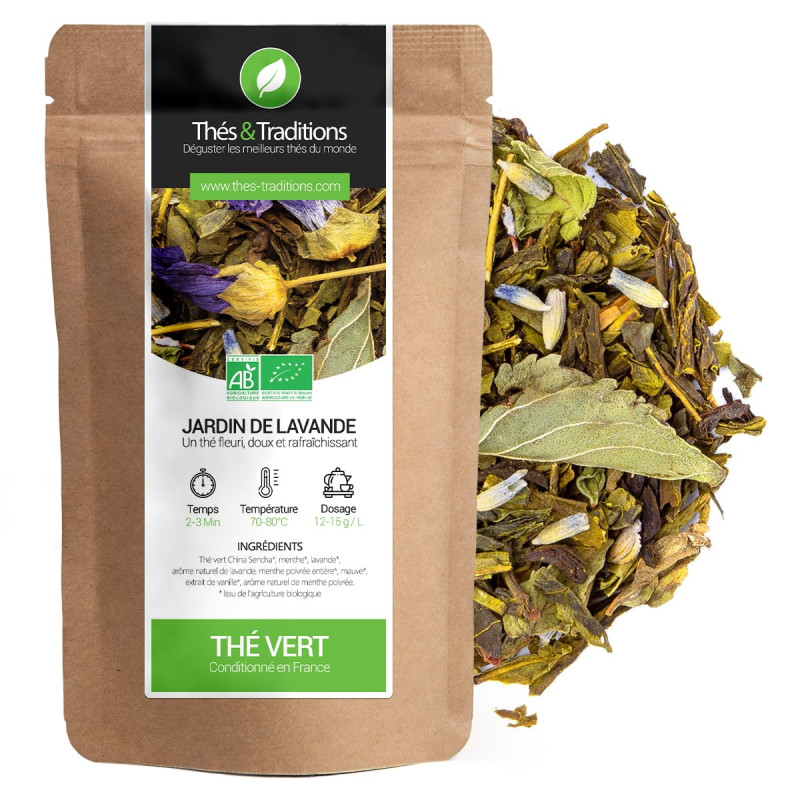 Thé vert Jardin de lavande bio en sachet kraft avec feuilles et fleurs séchées