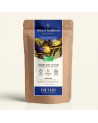Wiederverschließbarer Kraftpapier-Beutel mit Grüntee Lavendelgarten, Etikett in Marineblau und Gold von Thés & Traditions, Fenst