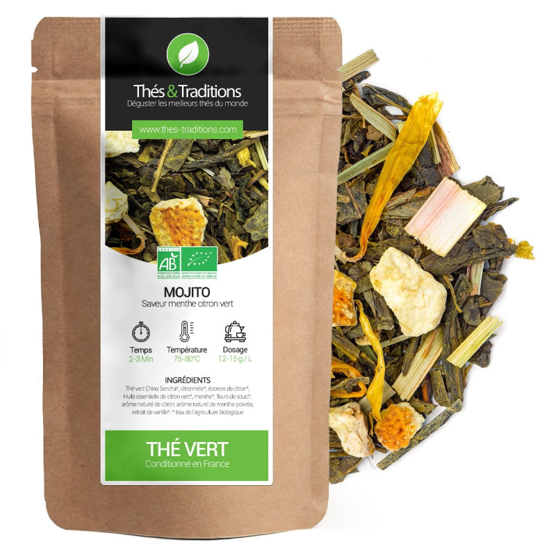 Tè verde Mojito gusto menta lime sacchetto kraft ingredienti bio e foglie di tè sfuse