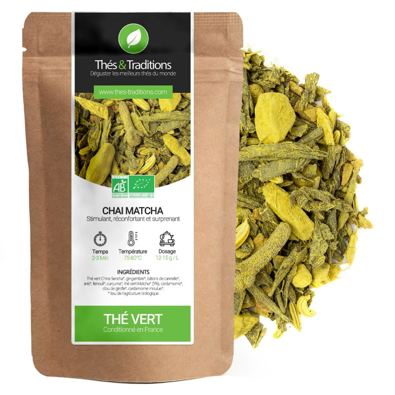 Thé vert Chai Matcha bio en sachet kraft avec mélange d'épices et feuilles de thé vert