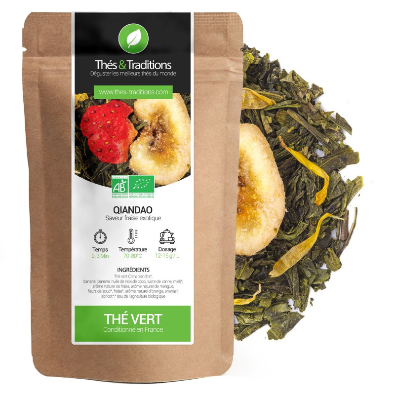 Groene thee Qiandao smaak exotische aardbei kraft zakje groene theebladeren gedroogd fruit bio