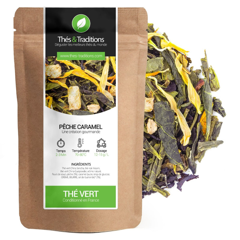 peach caramel green tea kraft bag colorful dried leaves and flowers