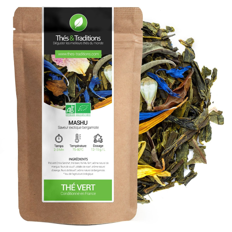 Thé vert Mashu saveur bergamote feuilles de thé vert et fleurs séchées bio conditionné en France