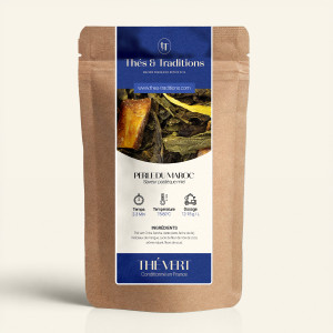 Wiederverschließbarer Kraftpapierbeutel mit Grünem Tee Perle du Maroc, Etikett in Marineblau und Gold von Thés & Traditions, Fen