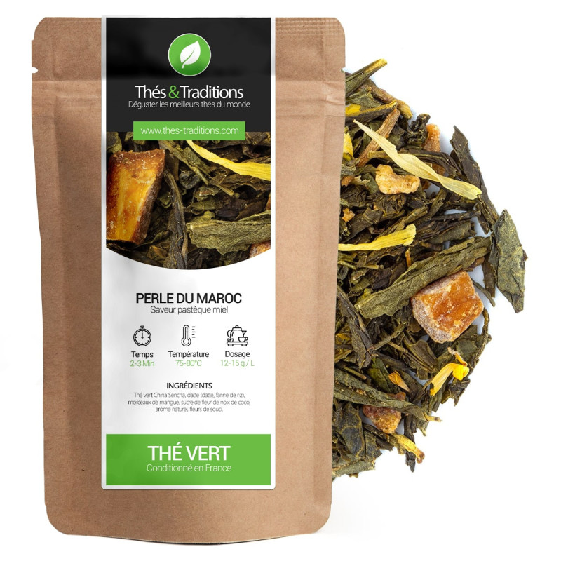 Tè verde Perle du Maroc miscela foglie di tè pezzi di mango e fiori confezionato in sacchetto kraft