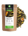 Groene thee Perle du Maroc mix theebladeren stukjes mango en bloemen verpakt in kraft zakje