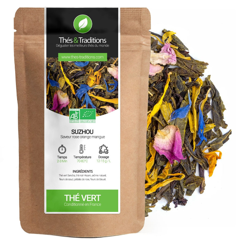 Groene thee Suzhou met gedroogde bloemblaadjes bio mix smaak roos sinaasappel mango