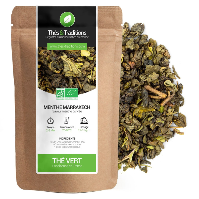 Menthe Marrakech green tea kraft bag and organic mint green tea leaves packaged in France