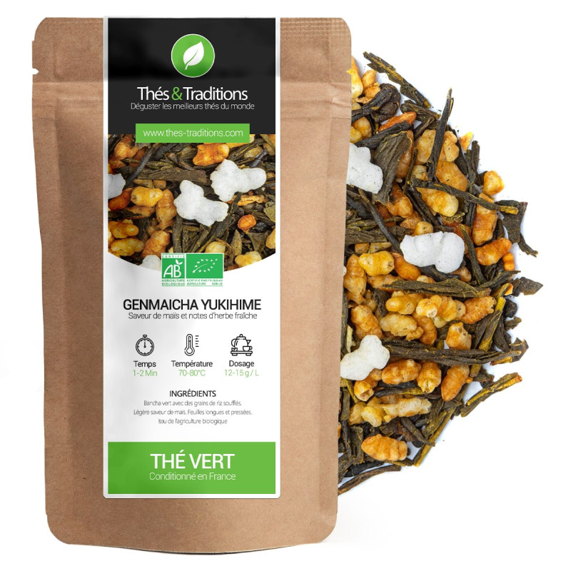 Genmaicha Yukihime green tea kraft sachet and organic puffed rice grains and green tea leaves