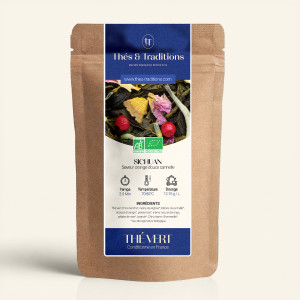 Nachfüllbarer Kraftpapier-Beutel mit Grüntee Sichuan, Etikett in Marineblau und Gold von Thés & Traditions, Sichtfenster zeigt d