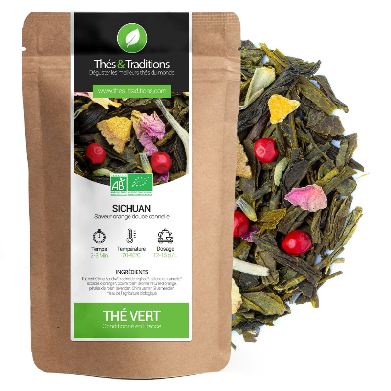 Biologische groene thee Sichuan met stukjes sinaasappelschil rozenblaadjes en rode bessen kraft zakje