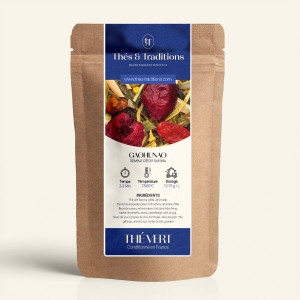 Nachfüllbarer Kraftpapier-Teebeutel mit Grüntee Gaohunao, dunkelblauem und goldenem Etikett von Thés & Traditions, mit Sichtfens