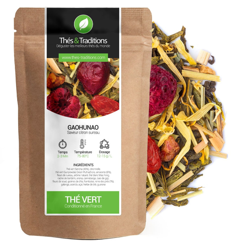 Thé vert Gaohunao saveur citron sureau sachet kraft avec mélange de feuilles et fruits secs
