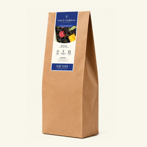 Großer Kraftpapierbeutel mit losem Jiangsu-Grüntee im Kilo-Format, dunkelblau etikettiert mit Thés & Traditions Logo, Drei-Viert