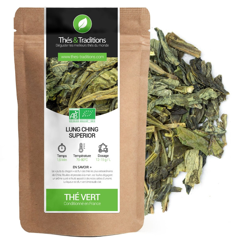 Groene thee Lung Ching Superior hele biologische bladeren kraft zakje verpakt in Frankrijk