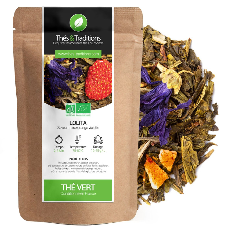 Thé vert Lolita saveur fraise orange violette sachet kraft et feuilles de thé aux fleurs et fruits secs