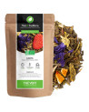 Thé vert Lolita saveur fraise orange violette sachet kraft et feuilles de thé aux fleurs et fruits secs