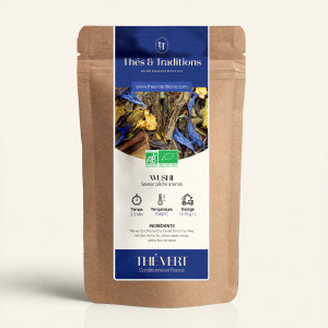 Nachfüllbarer Kraftpapierbeutel mit Grüntee Wushi, Etikett in Marineblau und Gold von Thés & Traditions, Sichtfenster zeigt die 