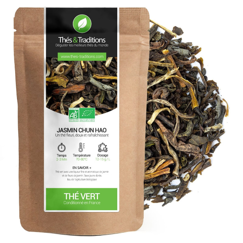 Thé vert jasmin Chun Hao en feuilles bio conditionné en sachet kraft par Thés & Traditions