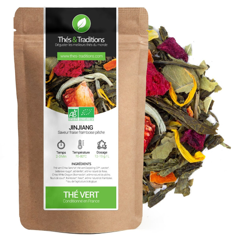 Thé vert Jinjiang saveur fraise framboise pêche sachet kraft avec mélange de feuilles et fleurs séchées bio