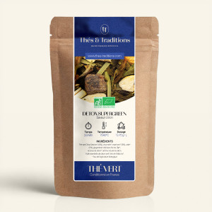 Wiederverschließbarer Kraftpapierbeutel mit Grüntee Detox Supergreen, dunkelblau-goldenes Etikett von Thés & Traditions, Fenster