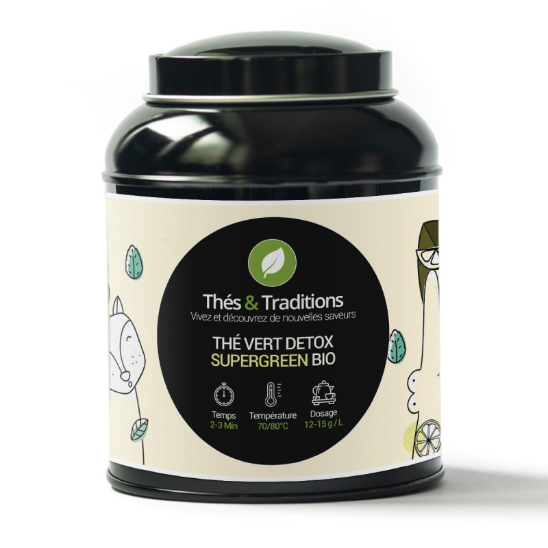 Boîte de thé vert detox supergreen bio Thés et Traditions avec instructions de préparation