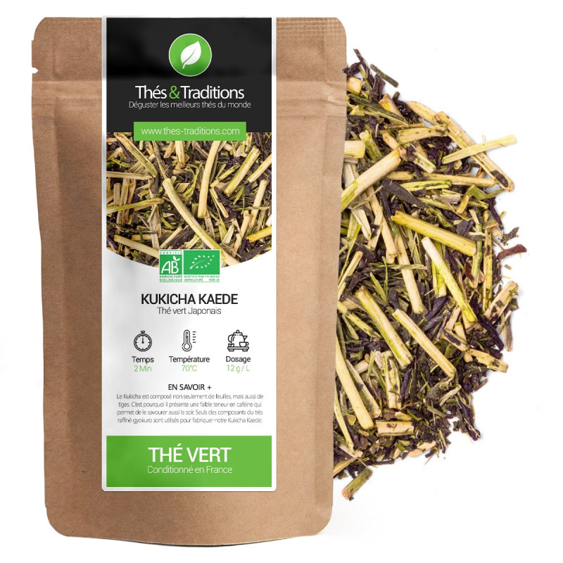 groene thee Kukicha Kaede biologische bladeren en stengels verpakt in kraft zakje
