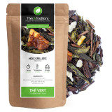 Tè verde alle noci tostate sacchetto kraft foglie di tè e pezzi di noce visibili