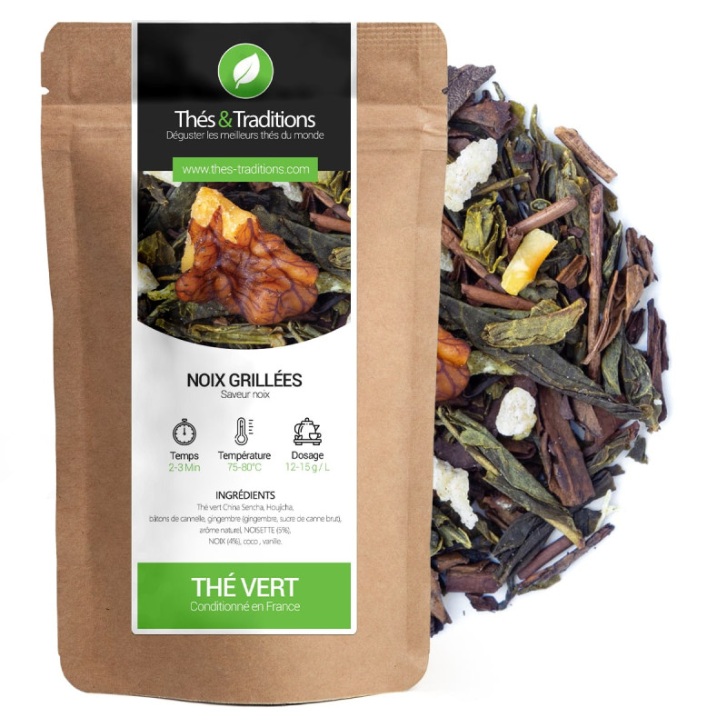 Thé vert aux noix grillées sachet kraft feuilles de thé et morceaux de noix visibles