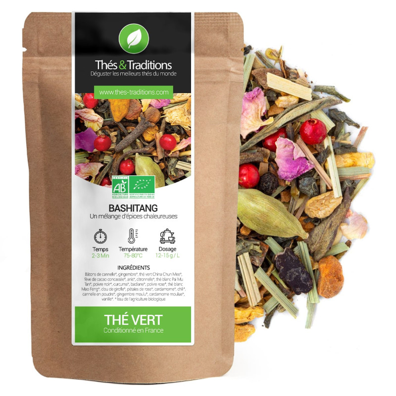 Groene thee Bashitang mengsel van kruiden en aromatische planten in biologisch kraft zakje verpakt in Frankrijk