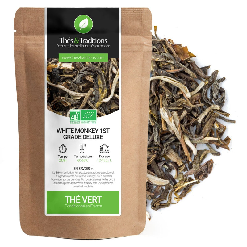 White Monkey 1st Grade Deluxe green tea organic leaves in bulk kraft packaging packaged in France