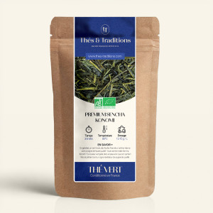 Wiederverschließbarer Kraftpapierbeutel mit Thés & Traditions Premium-Grüntee Sencha Konomi, dunkelblauem und goldenem Etikett, 