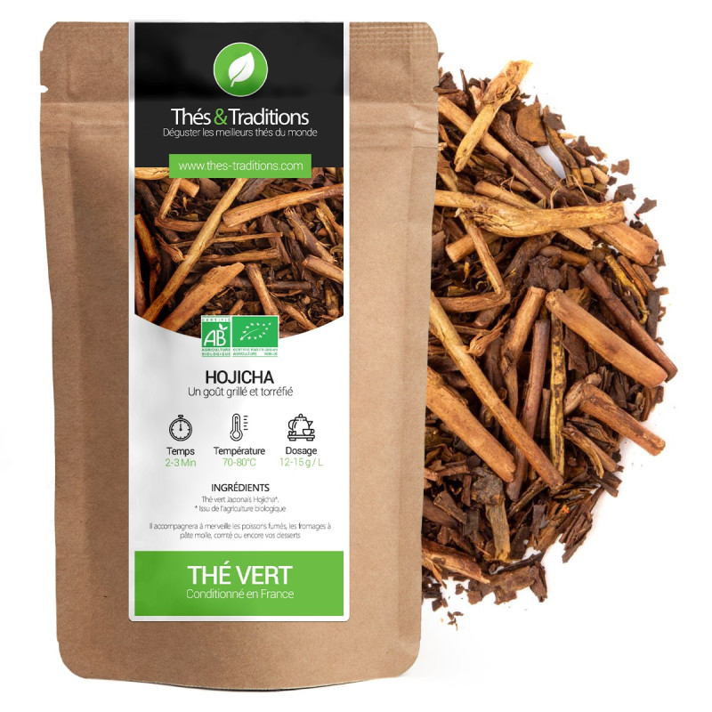 Thé vert Hojicha bio en sachet kraft avec feuilles torréfiées pour infusion traditionnelle