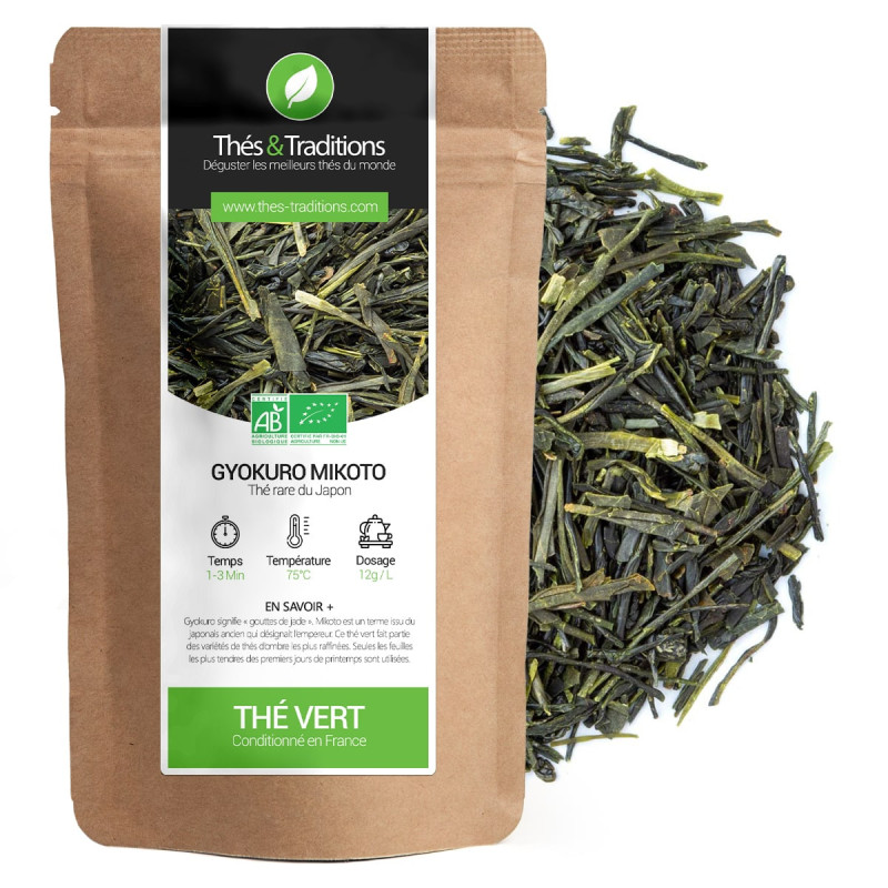 Groene thee Gyokuro Mikoto in bladeren verpakt in kraft zakje met groen en wit etiket biologisch