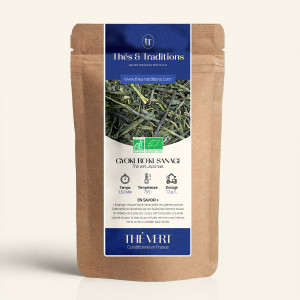 Wiederverschließbarer Kraftpapier-Beutel mit Gyokuro Kusanagi Grüntee, dunkelblau-goldenes Etikett von Thés & Traditions, Sichtf