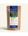 Wiederverschließbarer Kraftpapier-Beutel mit Gyokuro Kusanagi Grüntee, dunkelblau-goldenes Etikett von Thés & Traditions, Sichtf