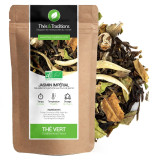 Imperial jasmine green tea in kraft bag with organic green tea leaves and jasmine flowers