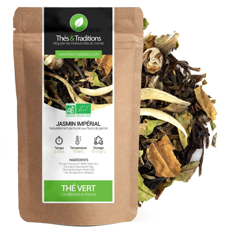 Imperial jasmine green tea in kraft bag with organic green tea leaves and jasmine flowers