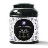 Box of organic Christmas black tea Thés et Traditions festive decorations and brewing instructions