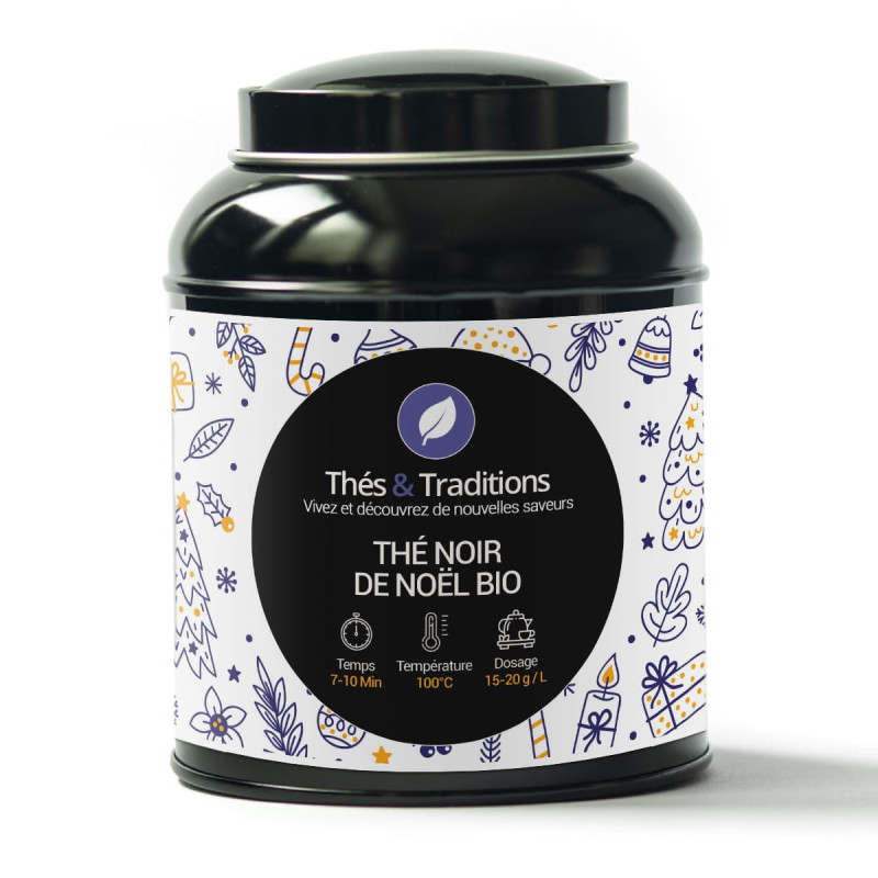 Scatola di tè nero di Natale biologico Thés et Traditions decorazioni festive e istruzioni per l'infusione