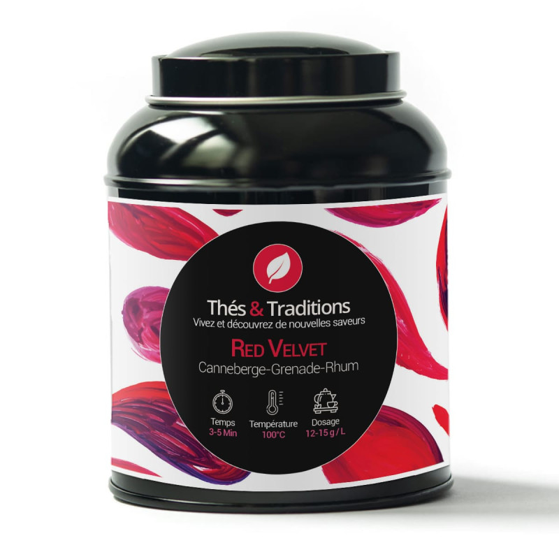 Blikken doos met zwarte thee Red Velvet cranberry-granaatappel-rum van Thés et Traditions kleurrijke verpakking